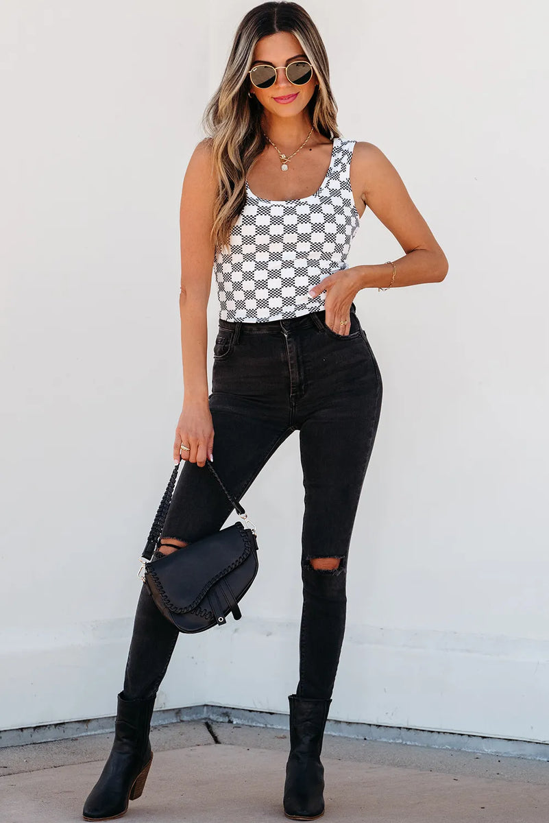 Y's HAND PAINTED PLAID PRINT CROPPED T 黒 Y's HAND PAINTED PLAID PRINT CROPPED T 黒 Checkered Crop Top