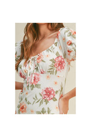 FLORAL PRINT SHORT PUFF SLEEVE MINI DRESS TIE FRONT