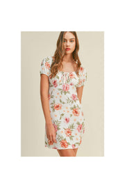 FLORAL PRINT SHORT PUFF SLEEVE MINI DRESS TIE FRONT