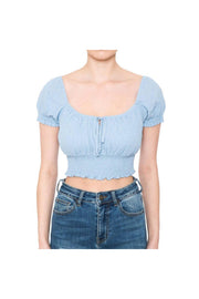 RUFFLED SMOCKED SHORT PUFF SLEEVE PEASANT CROP TOP