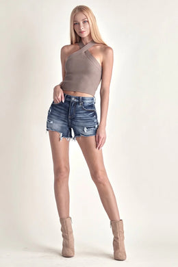 Risen Mid-Rise Patched Denim Shorts