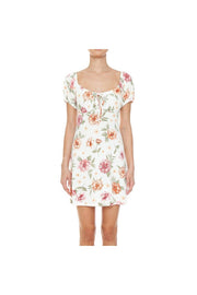 FLORAL PRINT SHORT PUFF SLEEVE MINI DRESS TIE FRONT