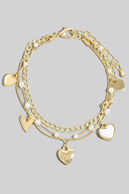 Mother Of Pearl Heart Charms Layered Chain Bracelet