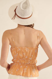 Floral Straight Neck Keyhole Tie Elastic Cami Top