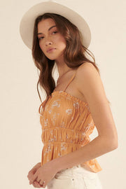 Floral Straight Neck Keyhole Tie Elastic Cami Top