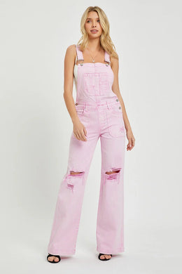 Risen Front Patch Pocket Wide Leg Overalls Acid Wash Pink