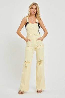 Risen Front Patch Pocket Wide Leg Overalls Distressed Pale Yellow