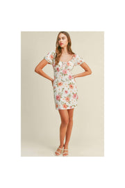 FLORAL PRINT SHORT PUFF SLEEVE MINI DRESS TIE FRONT