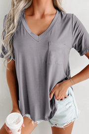 Grey V Neck Pocketed Rounded Hem Tee