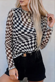Checkered Mesh Long Sleeve W/ Cami Crop Top