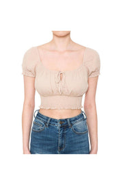 RUFFLED SMOCKED SHORT PUFF SLEEVE PEASANT CROP TOP
