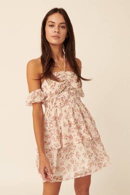 Floral Halter Off Shoulder Layered Mini Dress