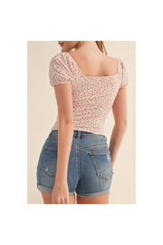 FLORAL PRINT PUFF SHORT SLEEVE PEASANT TOP