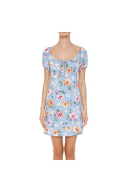 FLORAL PRINT SHORT PUFF SLEEVE MINI DRESS TIE FRONT