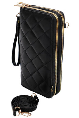 Diamond Quilted PU Double Zipper Continental Wallet Bag