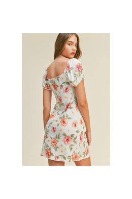 FLORAL PRINT SHORT PUFF SLEEVE MINI DRESS TIE FRONT