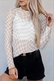 Checkered Mesh Long Sleeve W/ Cami Crop Top