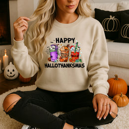 Happy Hallothanksmas Crewneck Sweatshirt Pullover Cotton